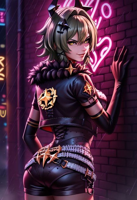 <lora:caesar-king-ponyxl-lora-nochekaiser:1>, caesar king, green hair, short hair, hair between eyes, sidelocks , yellow eyes, confident, hair intakes, v-shaped eyebrows, 
black gloves, black shorts, black shirt, black thighhighs, gloves, black skirt, grey belt, fur-trimmed jacket, elbow gloves, fur trim, hair ornament, open jacket, emblem, black horns,
Seducive smile, look at viewer, back against wall, toward to viewer, neon wall, neon lamp, yellow neon
DNDFG, Detailed drawing
in alley, rain, yellow stars
detailed background, detailed, soft light