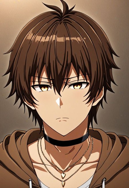 high resolution, solo, best quality, 1Boy, Seiya Kanie, Brownish Hair, bangs, necklace, choker, hair between eyes, Hoodie, OverallDetail