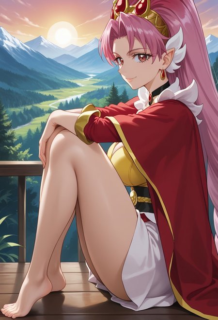 score_9, score_8_up, score_7_up, epic-Ultra-HD-details, epic-Ultra-HD-highlights, 2.5D-upscaled-resolution, source_anime, digital-quality, semi-realism, physically-realistic, lit, cutesie, 
BREAK source_anime, anime, best quality, masterpiece, rating_safe, uncensored, High quality, 8k, Ultra, 
BREAK (Forest, Mountain, Outdoors,sun,Summer day),
BREAK 1girl, curescarlet,
BREAK upper body shot,(sitting, (from above),(((from side))),
((large breasts:1.2)), thick thighs,slender body,
looking at viewer, smile,
 (((Knees Up:1.2))),(((Bend your knees:1.2))), (((Hold feet:1.2))),(((Shrunk yourself:1.2))),