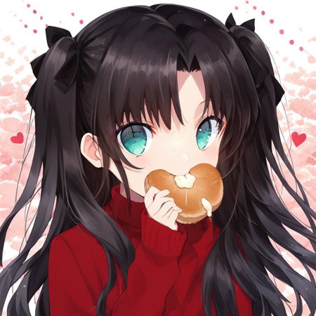score_9, score_8_up, score_8, score_7_up, 
1girl, solo, ChopioTohsakaRin, black hair, long hair, two side up, parted bangs, hair ribbon, aqua eyes, looking at viewer, outfit_2, red sweater, turtleneck, cross, long sleeves, black skirt, pleated skirt, black thighhighs, polka dots background, smile, eating, bread, loaf, eating, close shot, cute girl, looking at viewer,
cute, kawaii, hearts,