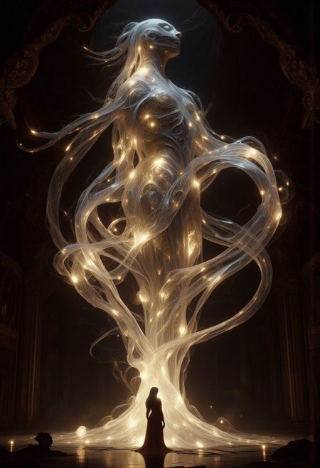 An ethereal, glowing, ghostly, otherworldly presence of a woman like creature, with glowing silver strands of metallic hair, softly glowing in a dimly lit room. She has no skin, she is made up of ethereal tendrils of smoke, glowing plasma, light and mist that undulating and shifts, as if she exists between worlds, with soft, shimmering edges blending into the shadows. Her eyes are deep and luminous orbs, filled with warmth and mystery, as she gazes directly at you, her lips curved in something resembling a gentle, knowing smile. She is wrapped in a glowing, linen shroud. The room is bathed in a soft, mystical glow, with faint, swirling patterns of ethereal light surrounding her, adding to her supernatural allure. Floating through space. There is also a small woman in the room, with dark hair and dressed in a flowing red robe, looking up at the larger than life ethereal creature and basking in her glow.