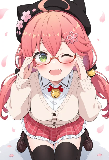 masterpiece,best quality,amazing quality,
1girl, sakura miko, solo, one eye closed, green eyes, virtual youtuber, ahoge, pink hair, skirt, hat, bell, hair ornament, twintails, glasses, long hair, black headwear, shirt, fang, looking at viewer, smile, open mouth, blush, thighhighs, white shirt, jingle bell, red-framed eyewear, breasts, red skirt, low twintails, semi-rimless eyewear, plaid skirt, cardigan, petals, frilled skirt, neck bell, white background, collared shirt, long sleeves, adjusting eyewear, plaid, hairclip, shoes, frills, under-rim eyewear,
 <lora:Saeki Tatsuya_epoch_9:0.8>