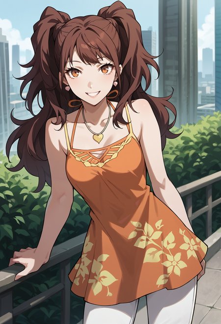 score_9, score_8_up, score_7_up, score_6_up, score_5_up, score_4_up, source_anime
1 girl, solo, 
p4rise, kujikawa rise, twintails, long hair, brown hair, earrings
p4rise-sumcas, heart necklace, pendant, dress, short dress, orange dress, halterneck, spaghetti straps, flower print, pants, capri pants, white pants,
outdoors, cityscape, trees, greenery, standing, cowboy shot, looking at viewer, smile,
masterwork, masterpiece, best quality, hyper-detailed