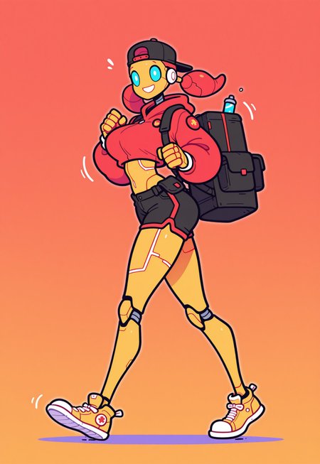 1girl, slim android girl, robot woman, long legs, mechanical thighs, gold body, red accents, sci-fi delivery uniform, red clothing, cropped hoodie, shorts, red pigtails, backwards hat, (huge backpack:1.1), hip bag,  smiling brightly, glowing lines, glossy finish, skinny legs, large breasts, running, speedy, motion lines, gold sneakers, tall, Flatline, Flat vector illustration, 5p4rr0w, artist style