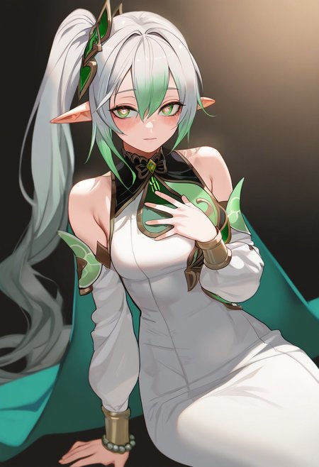 masterpiece, best quality, very aesthetic, high resolution, ultra-detailed, absurdres, newest, extremely detailed eyes, beautiful, perfect lighting, hi res, amazing quality, NEWTRVL_ST, 1girl, solo, long hair, bangs, hair ornament, dress, hair between eyes, jewelry, green eyes, white hair, grey hair, multicolored hair, detached sleeves, green hair, pointy ears, cape, white dress, side ponytail, bracelet, symbol-shaped pupils, gradient hair, hand on own chest, green cape