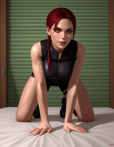 Masterpiece, high-res, 2k, best quality, 2.5d, realistic, 1 girl, laradopple, medium shot, black veins,  <lora:laradopple-000037:1>   On all fours