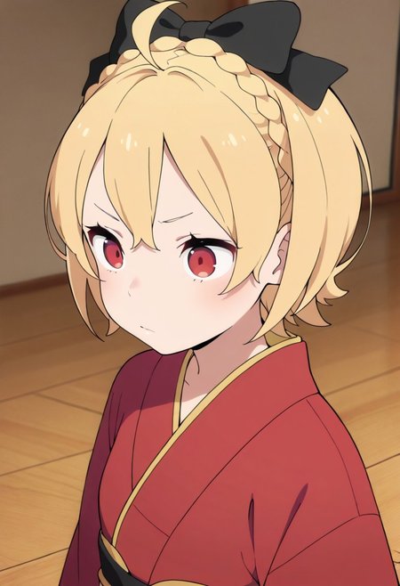 masterpiece,best quality,amazing quality,  felt, short hair, blonde hair, red eyes, 1girl, solo, braid, japanese clothes, kimono, bow, black bow, ahoge, hair bow, closed mouth, upper body, wooden floor
