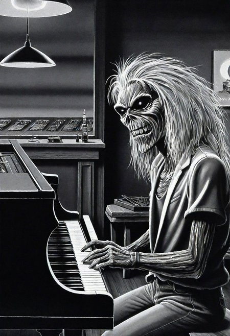 black and white illustration, masterpiece, top quality, best quality, highest quality, highest detailed, Simon Stlenhag Style, hmvi style, close up, Ink art of a monster, sitting in front of a piano in a small jazz club, iron maiden poster 1988, an airbrush painting,