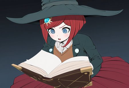 solo,masterpiece, best quality, very aesthetic,  modern, modern anime, (((solo))),danganronpa_(series), danganronpa_v3:_killing_harmony, yumeno_himiko, absurdres, highres, 1girl, black_jacket, brown_vest, collared_shirt, gem_hair_ornament, hair_ornament, hat, jacket, long_sleeves, pantyhose, pleated_skirt, red_eyes, red_hair, red_skirt, shirt, short_hair, skirt, vest, witch_hat , The image is a close-up of Himiko Yumeno in the library, where she's trying to find a specific spell book but has dozed off while levitating. Books are floating around her in a spiral pattern, opening themselves to show her relevant pages, while she drifts between the shelves in a sleeping position. Her hat is acting as an automatic bookmark.