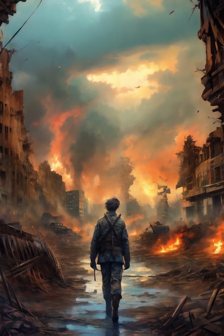 Wasteland Style, war, ruins, flames of war, tragic, miserable, 1boy, 20 years old, handsome, (Clear and sincere eyes:1.2),
 <lora:add_detail:1>,  <lora:Wasteland:1>,<lora:çµå½±ï¼æµ·æ¥_1:1>
