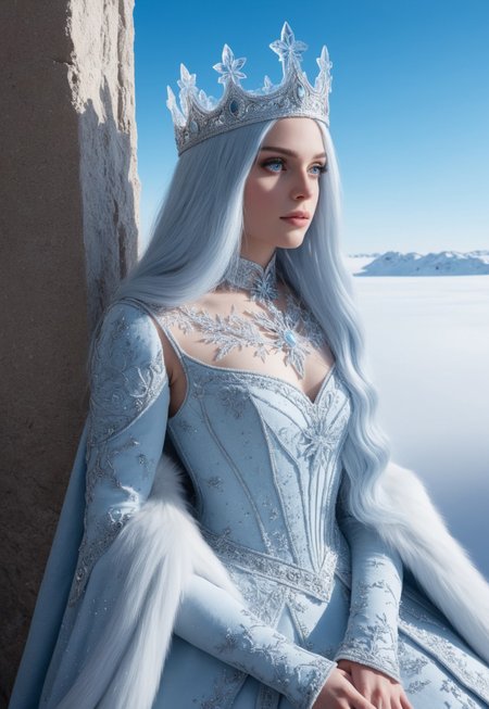 A detailed Gothic tower made of transparent ice with blue shades stands tall. At its base, there are orange desert sands. The sky above is beautiful with fluffy clouds. Ice crystals decorate the tower.
BREAK
1girl, solo, most beautiful 23 yo girl.
At the top, the Snow Queen looks out of a window. Her blue eyes, without pupils, express sadness. She has white skin and wears luxurious medieval winter clothing. Her light blue hair is straight and fluffy like snow, and she wears an ice crown on her head.
(ice interior)
 (8k uhd:1,4)
 <lora:add-detail-xl:1>
 <lora:Dynamic Poses:1>