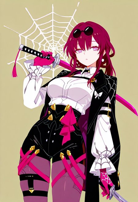 masterpiece,best quality,amazing quality, solo, Kafka_Honkai,red hair, long hair, large breasts, eyewear on head, white shirt, collared shirt, black coat, coat, purple gloves, high-waist shorts, thigh strap, long sleeves, pink pantyhose,sumg,holding katana , purple katana,
simple background, Claret background, spider web on background,haiz_ai, no lineart,no outline ,<lora:ponyv6_noobE11_2_adamW-000017:0.3> <lora:MeMaXL4:0.8> <lora:veluflora-wai:0.4> <lora:haiz_ai_illu:0.7>,