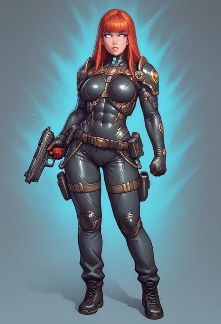 ((1girl, cute face, standing in wastelands, sands, dynamic pose,
Glowing aura surrounding a futuristic character like the Nomad, clad in a futuristic detailed brown suit handmade, (((army body armor))) patches on suit, redhead, long bangs,holographic blue light streaks, full face gasmask, (big shining white eyes without pupils:1.5), dynamic pose)), 
BREAK 
((((full closed)))), (((big futuristic gun in hands, sci-fi gun in hands)))
strange world background score_9, score_8_up, score_7_up, score_6_up, source_cartoon, rating_explicit, Expressiveh, (((((full body))))), dynamic pose