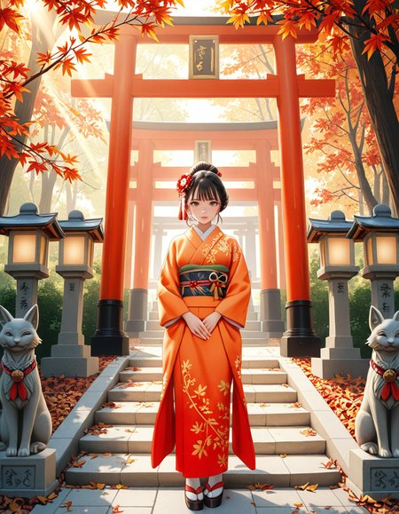looking at viewer,A graceful Japanese woman standing in front of a traditional Inari shrine, wearing an elegant mauve kimono adorned with intricate floral patterns. Her dark hair is styled in a classic updo, decorated with delicate kanzashi hair ornaments. She has a serene and contemplative expression as she gazes towards the shrine. The scene is set in the late afternoon, with soft golden sunlight filtering through the vibrant red torii gates that create a tunnel leading to the shrine. The ground is covered with autumn leaves in warm shades of red, orange, and yellow. Stone fox statues, draped with sacred red bibs, guard the entrance, adding to the shrine's mystical aura. Traditional stone lanterns emit a soft, warm glow, enhancing the spiritual and tranquil ambiance. The background features lush greenery, contrasting with the shrineâs vivid vermillion hues. The image is in a photorealistic style, with high dynamic range lighting, capturing every intricate detail from the fabricâs texture to the play of light and shadows, evoking a sense of peace and tradition.
<lora:SDXLFaeTastic2400:0.4> <lora:extremely_detailed:0.4> extremely detailed, <lora:Inari_shr1n3:1>,Inari shr1n3, Masterpiece,best quality,hi res,8k,hi res,8k,award winning,(sharp focus, intricate, highly detailed),
