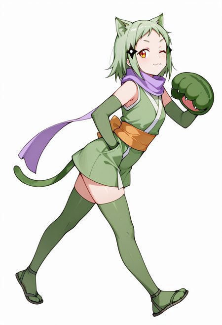 masterpiece,high quality details, absurdres, 
walking pose, one hand in pocket, head slightly turned, casual stride,,
 <lora:Mao_Kusagakure:0.8>
mao_cnr, 1girl, green hair, short hair,orange eyes, cat ears,cat tail,hair ornament,
ninja, japanese clothes, kimono, sleeveless kimono,purple scarf,elbow gloves,green thighhighs, sandals,paw gloves,cat paws,, ;3,, simple background, white background, sideways,solo,