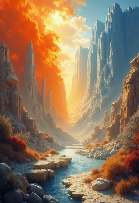 In this breathtaking piece titled "The Dance of Fire and Ice," the prolific artist Karol Bak masterfully depicts a mystical landscape where the elements collide in harmony. The use of drybrush technique creates a dreamlike atmosphere, with the light and shadow plays dancing across the canvas, evoking a sense of magic and enchantment. The cyberpop aesthetic is prominently displayed through short lighting and contrasting colors, emphasizing the surreal nature of the scene. Oil paint medium imbues the artwork with warm, earthy tones that ground it in a sense of reality while simultaneously elevating it to the status of a timeless work of art.  The inclusion of ancient artifacts and antiquities in the composition adds depth and dimension to the piece, highlighting the resilience and endurance of humanity throughout the ages. The ethereal backdrop of Pashupatinath Temple, with its smooth, flowing lines, serves as the perfect stage for this celestial dance. The use of Fujicolor Superia X-TRA 400 L USM film and film grain effect enhances the timeless quality of the artwork, transporting the viewer to another era altogether.  This piece is a testament to the power of art to captivate and inspire, weaving together elements of nature, myth, and imagination to create a stunning tapestry of beauty and wonder. ,<lora:Paper_Quilling_And_Layered_Paper_Style-000021.safetensors:0.4> ,