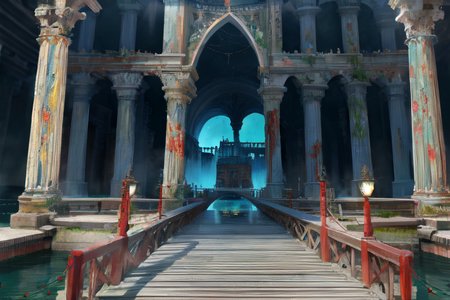 highly insanely detailed, masterpiece, top quality, best quality, highres, 4k, 8k, RAW photo, (very aesthetic, beautiful and aesthetic),  
Ancient Roman Interior Design,RomInt,fountain,candlelight_ambience,functional_design, 
<lora:RomanInterior-10:0.5>, 
(1girl:1.3), 
1other, 
, 
very long hair,hair ornament,hair ribbon,hair flower,hair bow, 
, 
(bridge,pedestrian_bridge,footbridge,drawbridge:1.2),magical_bridge,mythical_bridge,organic_bridge,fire_bridge,(pure cyan background,transparent background:1.2), 
,âââ