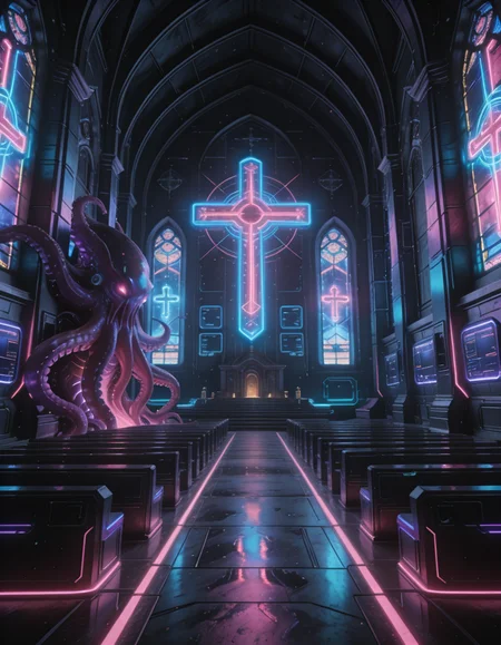 futuristic church interior illu