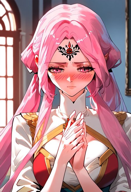 score_9,score_8_up,score_7_up,score_6_up,source_anime, (best quality), (masterpiece), (extremely detailed), (finely detailed), (detailed face, perfect face, perfect eyes, beautiful detailed shading), (perfect hands), (full colors), blush, 
BREAK, 
cowboy shot, upper body,
1girl, solo, 纳兰嫣然, pink hair, twintails, long hair, pink eyes, large breasts
