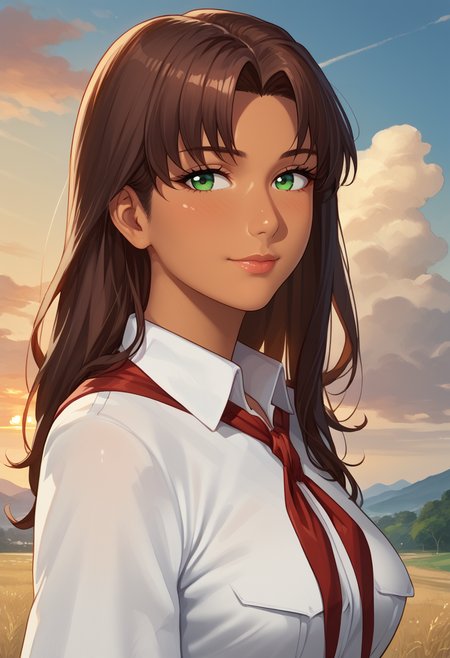 score_9, score_8_up, score_7_up, source_anime,
best quality, masterpiece, ultra detailed,
<lora:Expressive_H:1>, light smile, blush,
nose, lips,
looking at viewer, portrait, from side,
mature girl, 
<lora:Everlasting_Summer_Olga_by_GraffMetal_V2.4:0.7>, olga, long hair, brown hair, green eyes, bangs, parted bangs, straight hair, tan skin, dark skin, solo, 
white collared shirt, short sleeves, red neckerchief, neckerchief,
outdoors, sunset, clouds, sky,
amazing background,
<lora:Everlasting_Summer_Vanilla_Art_Style_by_GraffMetal:1>,