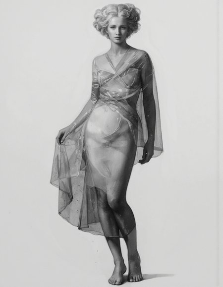 By Joshua Burbank. A black and white photo of a woman in a dress, a marble sculpture, figurative art, diaphanous translucent cloth, pinterest render, elegant sleek smooth body, goddess of light, made of mist, silk dress, transparent cloth, with a white background, luminous body, godesses, vapor.