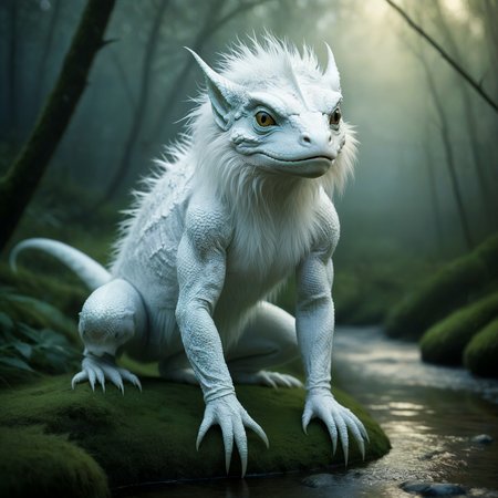 Masterpiece. 

A fantasy forest lizard creature, covered in white fur, crouching beside a stream..

Fantasy style.

<lora:EtherealSaraph01a_CE_XL_300-OT:0.5> ethrlsrphCE_style
