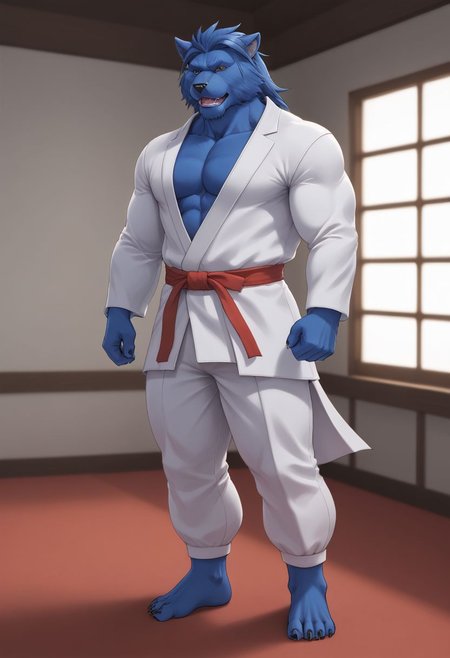 (((Barefoot furry character, full body, cinematic setting, furry male, plantigrade))) 
(((Beast from X-Man))), muscular, beefy, brawny, (((wears white kimono and lonh white pants))), (((performs karate kick))), blue fur on entire body
BREAK, detailed background, 8K, (masterpiece:1.5), intricate details, highly detailed, extreme detail, octane render, fine art, best quality, highres, (detailed face:1.5), ((full_body)), UHD, (((perfect hands))), low light