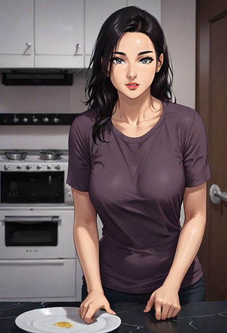 score_9, Manhwa_ami, woman, purple shirt, grey eyes , kitchen