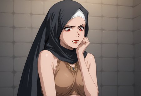 score_9, score_8_up, score_7_up, score_6_up, score_5_up, score_4_up, source_explicit, BREAK, solo:1.6, 1girl, vampire, black hair, red eyes, brown cloth tube-tob, midriff,  (dungeon background:1.5), (long black hair sticking out from black hijab:), long black hair:1.7,  sleeveless, vampire fangs, , pale skin, , sm_an_stl, source_anime, anime screencap, anime, animification, BREAK,  , hijab , ((brown hemp top)), ((brown hemp clothing)),  stone walls, wall torches, bangs sticking out from hijab, stern expression,,  standing, bending down, discovering foot prints, investigating, looking down, thinking, cowboy shot , stone brick  well,
