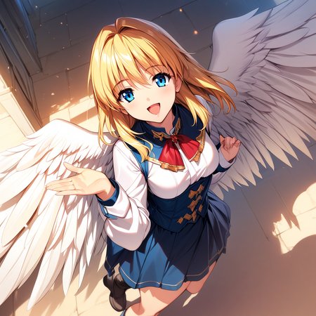 (masterpiece),(best quality),(ultra-detailed),(best illustration),(best shadow),(absurdres),(detailed background),(very aesthetic), rosette_christopher, 1girl, wings, solo, blue eyes, blonde hair, feathered wings, skirt, angel wings, looking at viewer, open mouth, smile, long sleeves, bow, feathers, shirt, red bowtie <lora:Rosette_Christopher:1>