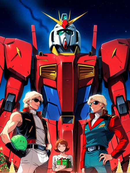 masterpiece, best quality, absurdres, amazing quality <lora:cfg_scale_boost:0.3> <lora:StS-Illustrious-Detail-Slider-v1.0:3> <lora:StS_Age_Slider_Illustrious_v1:3>,detailed_background,outdoors,smile,amuro ray,science fiction,kamille bidan,3boys,char aznable,zeta gundam,sunglasses,multiple boys,haro,blonde hair,robot,mecha,short hair,christmas,star \(sky\),gundam,military,retro artstyle,male focus,brown hair,vest,rh110417