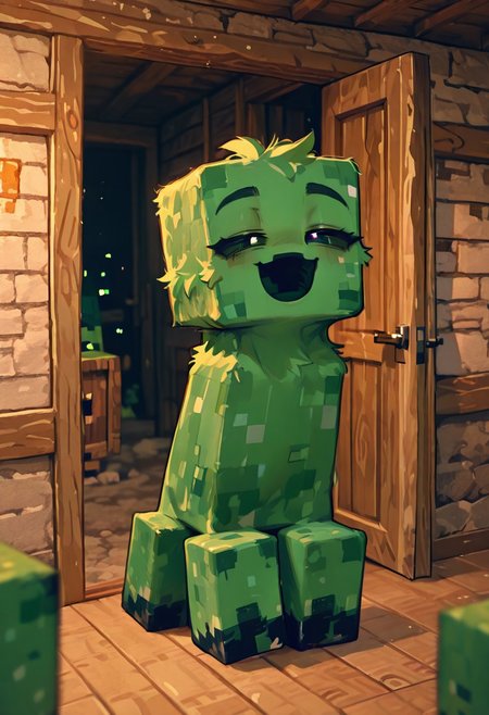 masterpiece, best quality, amazing quality, very aesthetic, absurdres, newest, , detailed background, 
 movie scene, cinematic scene, cinematic, foreground blur, depth of field, 
crpr, no humans, full body, pokemon (creature), open mouth, green skin, black sclera, black mouth, 
smile, half closed eyes, hair fluff, fluff, wooden house, door, minecraft house,