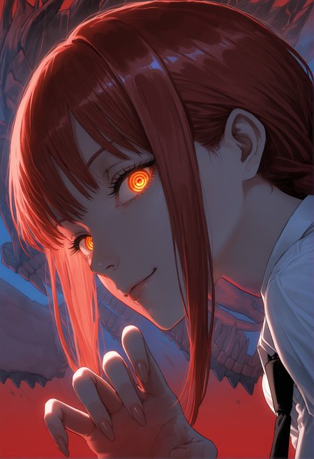glowing theme, red theme, multicolored background, blue theme, 
portrait, 1girl, solo, 
from side, side view, makima \(chainsaw man\), leaning forward, reaching, close-up face, sideways glance, glowing eyes, looking at viewer, light smirk, black sharp fingernails,
nose, lips,
very awa, best quality, highres, masterpiece,
<lora:nhl-002-nai:0.8>,