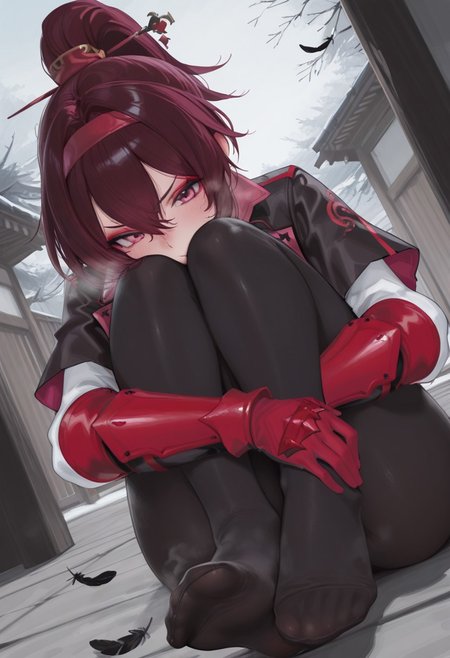 raigyo,  outdoors, undershirt, falling feathers, black bodysuit, hair stick, hugging own legs, , gauntlets,   eyeshadow,   red gloves,  high ponytail,  , black capelet, red hairband, pink eyes, 1girl, solo, feet, visible breath,   dynamic angle, foreshortening, smell, steam,