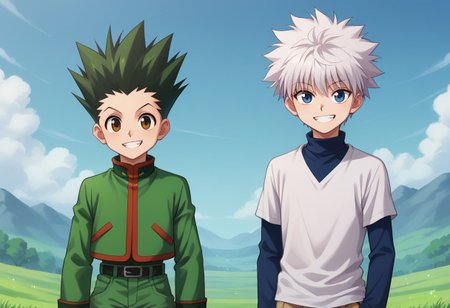 score_9, score_8_up, score_7_up, source_anime, highly detailed, 2boys
gonfreecs, 1boy, male focus, green hair, spiked hair, shorts, smile, upper body, brown eyes,  belt, looking at viewer, jacket, green jacket,
killuazoldick, 1boy, male focus, shorts, white hair, blue eyes, shirt, long sleeves, layered sleeves, spiked hair, short over long sleeves, short hair, short sleeves, bangs, turtleneck, blue shirt, grey shirt,
outdoor, sky, smile, grin