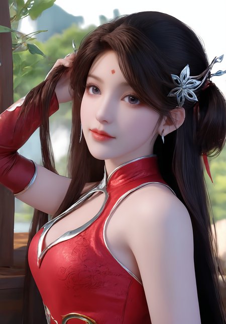 looking_at_viewer,cowboy_shot,(hair_twirling:1.4),(holding_hair:1.6),1girl,solo,dress,(face light:1.5),hair ornament,portiart,from front,masterpiece,(best quality),official art,extremely detailed cg 8k wallpaper,((crystalstexture skin)),(extremely delicate and beautiful),solo,realistic,photo_\(medium\),hiqcgbody,chinese background,(smile:0.4),eye-contact,jewelry,<lora:huolinger_V4-000001:1>,red waistband,long hair,