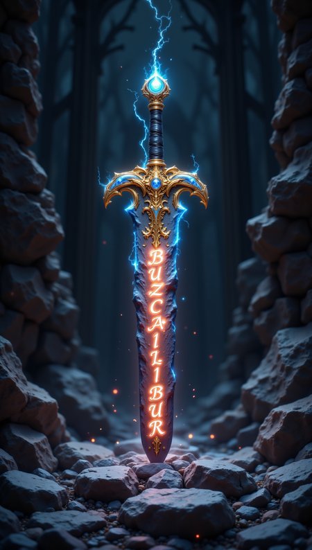 a beautiful magical sword stuck in a stone with glowing text on its blade saying "BUZZCALIBUR"
<lora:aidmaFLUXpro1.1:0.6> aidmafluxpro1.1 <lora:PinkieEnchantedMJFLUX:0.6> pinkenchantedmj <lora:Hand v2:0.45>âââ