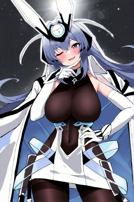 masterpiece, best quality, dark grey background, indoors, cinematic lighting, lens flare, amazing quality, very aesthetic, absurdres, best quality, newest, year 2023,  New Jersey, Main Outfit, solo, looking at viewer, blush, smile, open mouth, simple background, standing, cowboy shot, one eye closed, fang, hand on own hip, sparkle, :3, skin fang, hand on own chin  <lora:JN_New_Jersey_Illus:0.8>