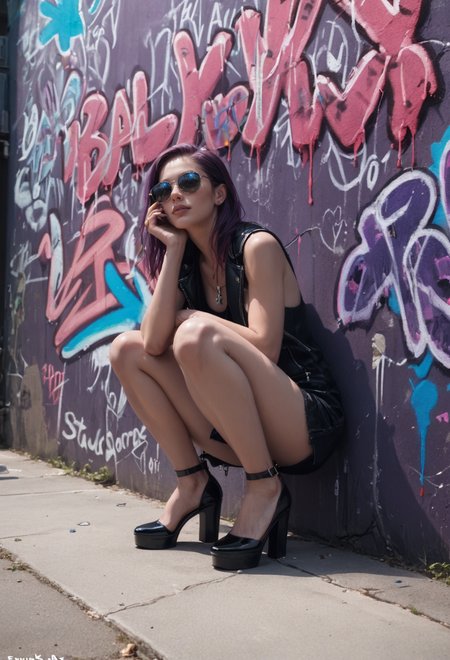 score_9, score_8_up, score_7_up, photo, close up, full color painting of squatting cyberpunk girl, sunglasses, high heel shoes, perfect hourglass figure, perfect perky tits, (((Graffiti art))), violet wall background, insane details, intricate details, hyperdetailed, low contrast, soft cinematic light, dim colors, exposure blend,  <lora:aesthetic_anime_v1s:1.2>