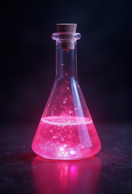 A photorealistic magic potion in a crystal flask, silver coated, gilden flask, pink, glowing, masterpiece, highly detailed,