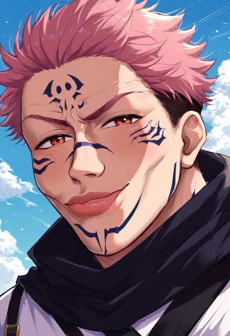 score_9_up, score_8_up, score_7_up, score_6_up, score_5_up, score_4_up, rating_safe, high detail, best quality, absurd res, 
BREAK, source_anime, SkylerWhiteYo, closed mouth, smile, <lora:KzyGuyMeme:1>,  blue sky, upper body, solo, male focus, 1boy, ryomen sukuna, facial tattoo, extra eyes, smirk, looking at viewer, white kimono, black scarf, <lora:jjk_sukuna_ponyXL:1>