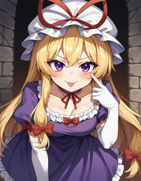 score_9, score_8_up, score_7_up, source_anime, <lora:yukari-yakumo-ponyxl-lora-nochekaiser:1>, yukari yakumo, purple eyes, blonde hair, sidelocks, long hair, hair bow, bangs, multiple hair bows,, choker, dress, elbow gloves, frilled dress, frills, gloves, hhat, hat ribbon, mob cap, puffy short sleeves, puffy sleeves, purple dress, red bow, red ribbon, ribbon, ribbon choker, short sleeves, white gloves, white hat, dungeon, stone walls, chains, torches, dark, smile, <lora:akanbe-ponyxl-lora-nochekaiser:1>, akanbe, eyelid pull, finger to eye, tongue out, :p, tongue, ;p, blush, leaning forward, bent over, from side,, looking at viewer, solo,, dutch angle, cowboy shot