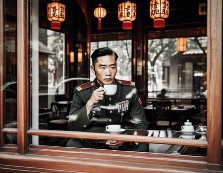 sunlight,A photorealistic image of a man in a well-detailed military uniform sitting in front of a large glass window. The man should be holding a cup of coffee, and his facial expression should be clearly visible, conveying a sense of calm or contemplation. The glass window should reflect traditional Chinese architecture, such as pagodas or ornate wooden structures, in a subtle yet noticeable manner. The lighting should be soft but sufficient to highlight the details on the man's face and uniform. The setting should be serene, perhaps with a touch of modern interior design elements to contrast with the traditional architecture reflected in the window,<lora:windowsback2:0.65>