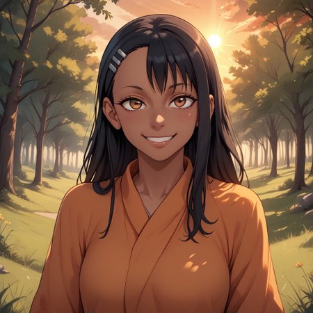 score_9, score_8, BREAK, solo, Hayase Nagatoro, Hairclip, Black Hair, Brown Eyes, Dark Skin, Dark Skin Female, sexy pose, self portrait, smile, outdoors, sunlight, shadows, evening lighting, natural lighting, forest, trees, grass, orange sky, sunset