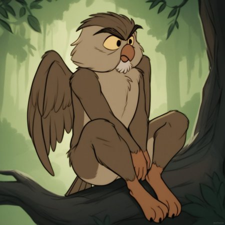 score_9, score_8_up, score_7_up, score_6_up, score_5_up, score_4_up, source_furry, Archimedesowl, anthro, male, owl, brown feathers, yellow sclera, black eyes, sitting, on branch, forest, wings