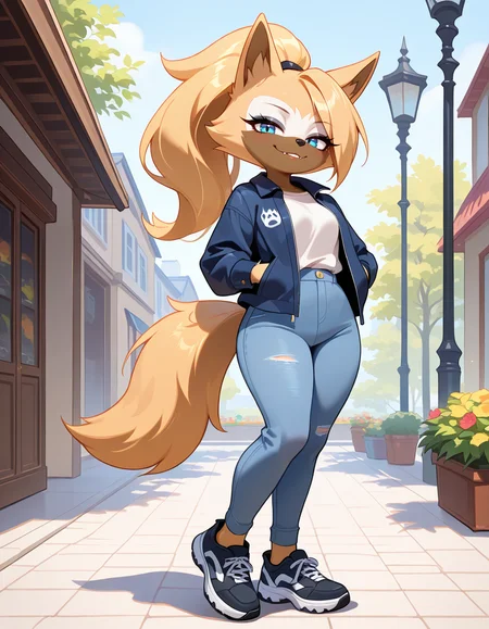 masterpiece, best quality, very aesthetic, absurdres,
outdoors, casual, 
full body, standing, posing, 
 seductive smile, parted lips, long eyelashes,
 <lora:Whisper_the_Wolf_v01_NAIXL:1>,
Wh15p3r,1girl,solo,furry,furry female,wolf girl,long hair,blonde hair,wolf ears,ponytail,blue eyes,makeup,anout,animal nose,fangs,body fur,two-tone fur,orange fur,brown fur,wolf tail,