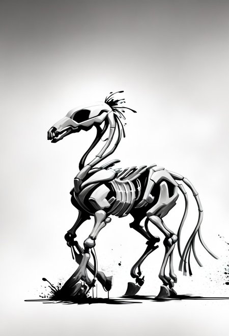 Cowboy skeleton, OverallDetailXL, hattiezazu, mcnm, monochromemuse, monochrome, greyscale, ink splatter