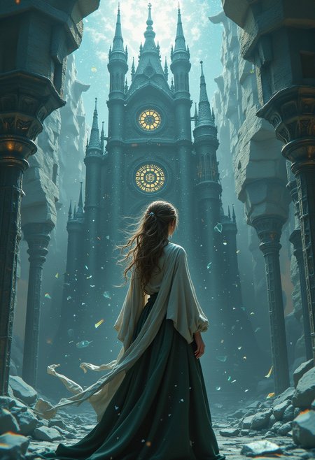 ff-enhance, Everything feels like it’s barely holding together, shattered glass, fractured spires, and her, caught in the middle of it all. Maybe it’s the glitches or the glow, but she’s less a person and more a memory trying to stay alive. Beautiful, but just out of reach, like all the best things, I guess.