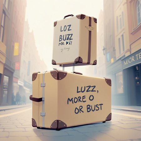 English text, displaying a suitcase that reads the handwritten text: "More Buzz or Bust!"