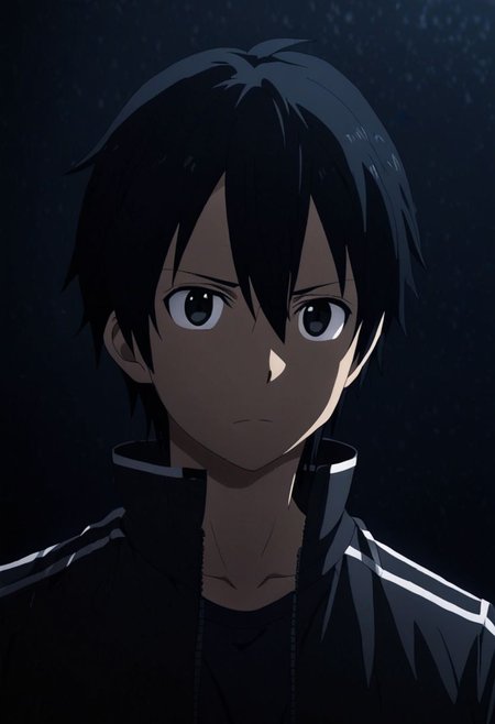 high resolution, solo, best quality, 1Boy, Kazuto Kirigaya, Black Hair, Black Eyes, cool, Mysterious black background, Movie lighting, a sense of atmosphere, OverallDetail